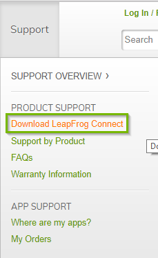 Support section of the LeapFrog website with the Download LeapFrog Connect hyperlink highlighted.