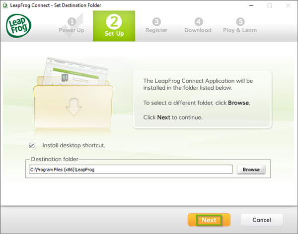 LeapFrog Connect installer with the Next button highlighted.