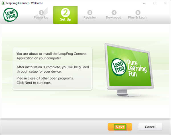 LeapFrog Connect installer with the Next button highlighted.