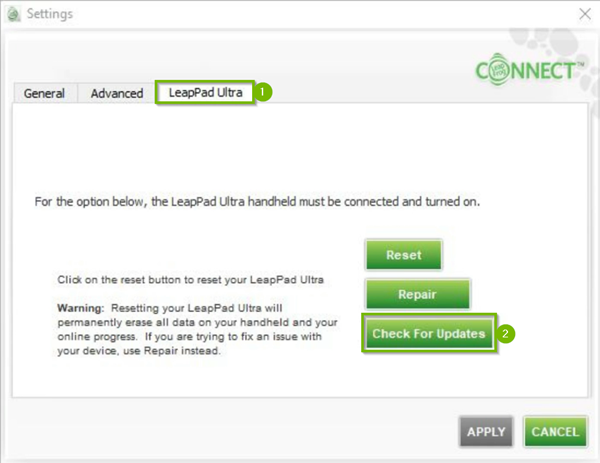 LeapFrog Connect software with the LeapPad Ultimate's device tab highlighted and the check for updates button beneath highlighted.