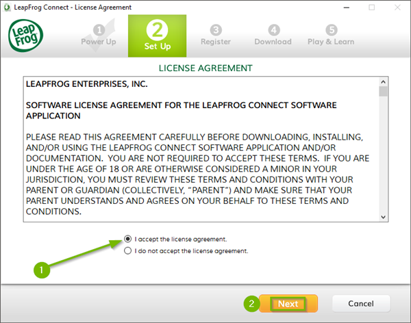 LeapFrog Connect installer where the user has accepted the license agreement with the Next button highlighted.