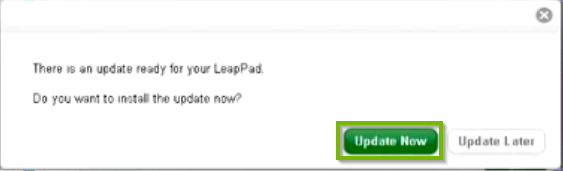 LeapFrog Connect software prompt to install an available update, with the update now button highlighted.