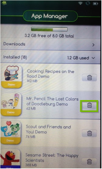 Screenshot of the LeapPad Ultimate's app manager interface with the trash can icon beside an app highlighted.