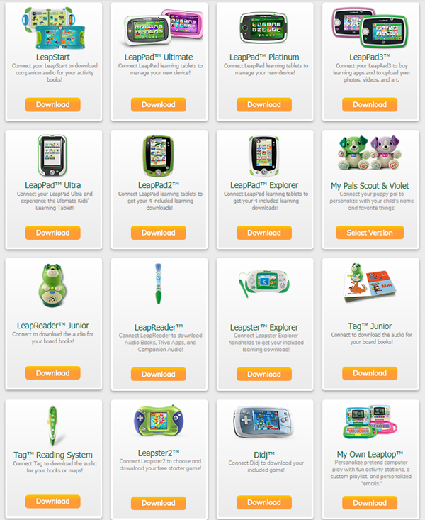LeapFrog website displaying a grid of different LeapFrog devices.