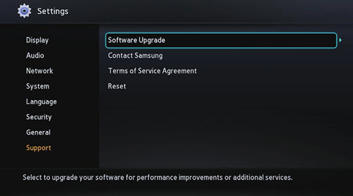 Blu-ray support menu with software upgrade highlighted