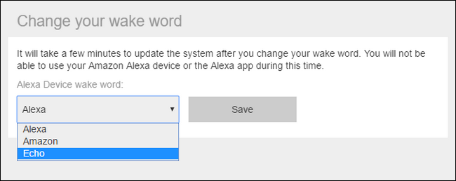 Amazon Alexa settings showing changing your wake word