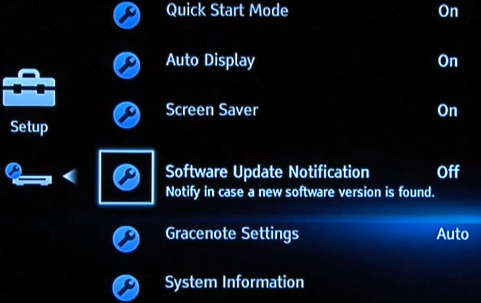 Blu-ray menu showing update notification setting