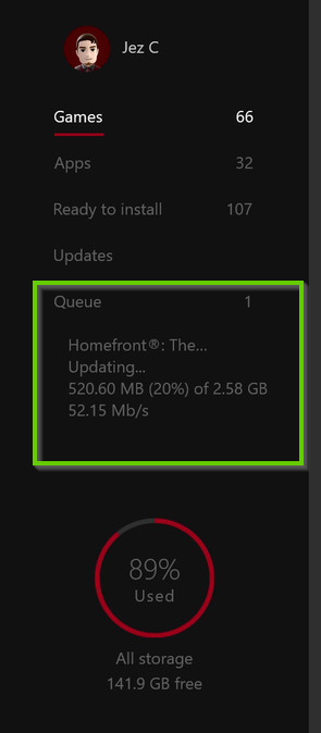 Xbox my games and apps page with queue highlighted.