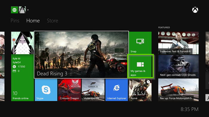 Xbox one home page showing my games and apps highlighted.