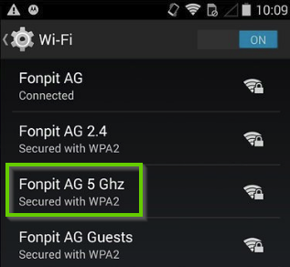 Android network list showing the 5GHz network