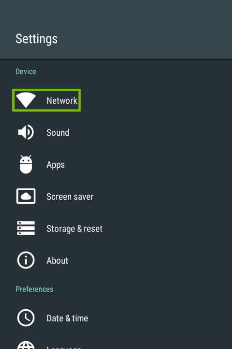 Settings screen with Network highlighted.