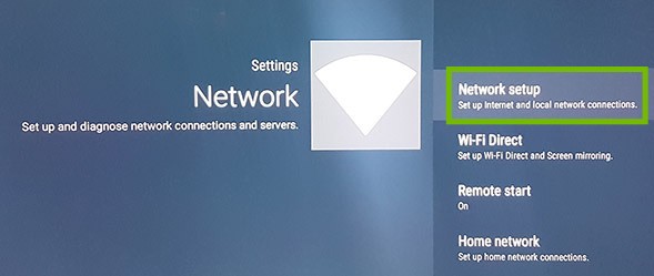 Network settings with Network setup highlighted.