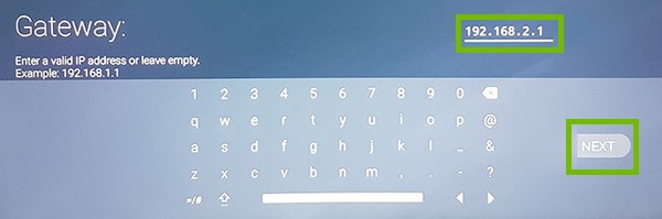 Gateway entry with Gateway IP and Next button highlighted.