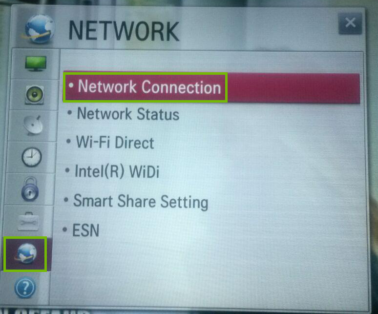 Settings with Network and Network Connection highlighted.