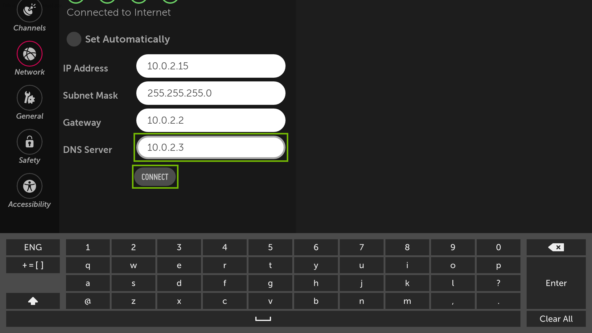 Edit connection settings with DNS server and Connect button highlighted.