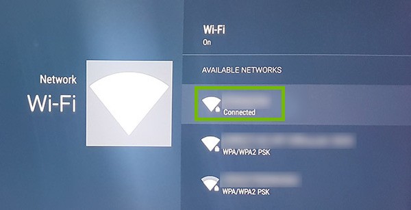 Wi-Fi network selection with Connected network highlighted.