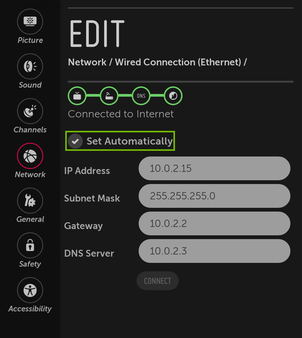 Edit connection screen with Set Automatically highlighted.