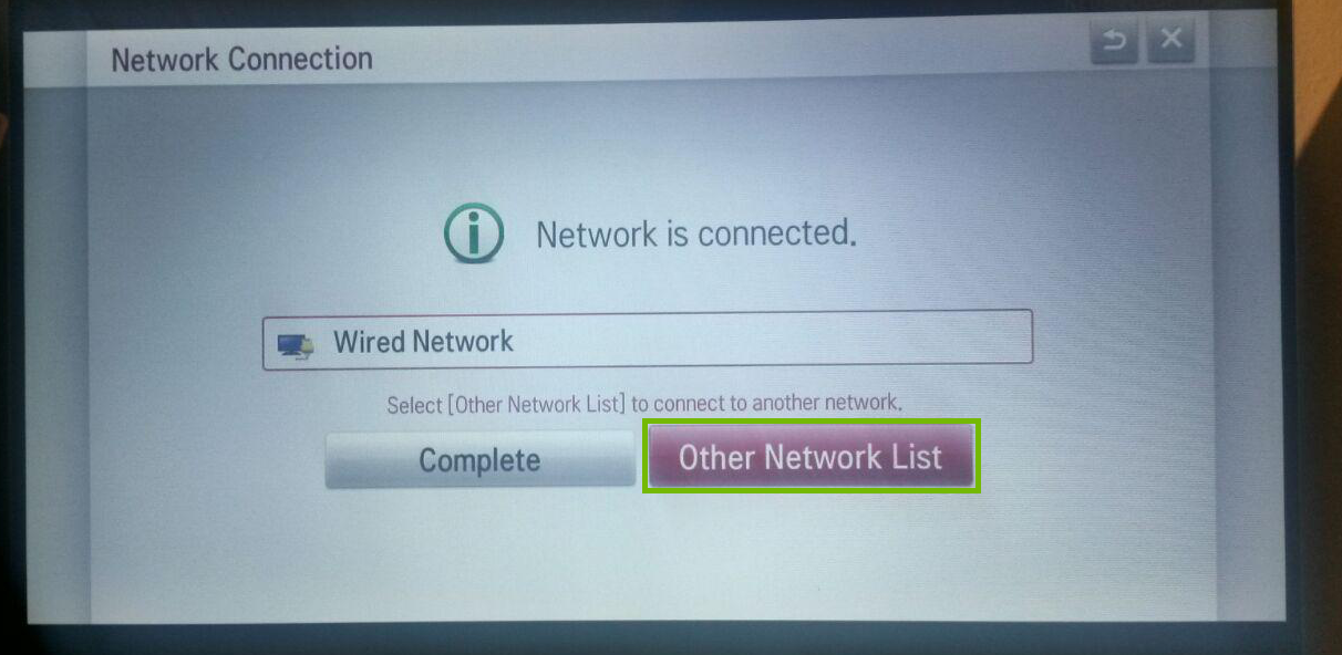 Connected dialog with Other Network List highlighted.