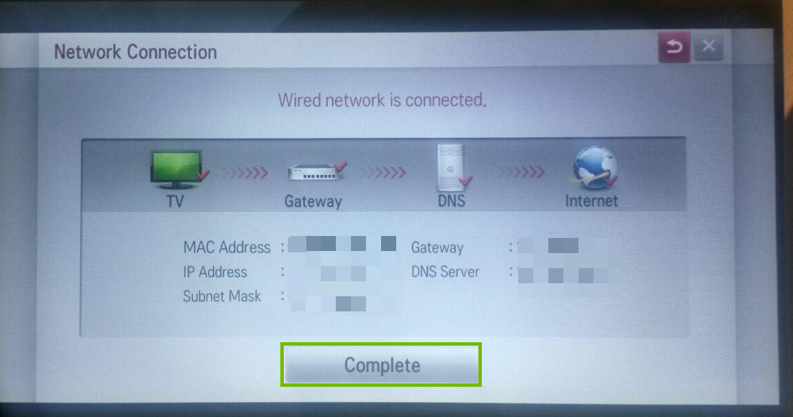 Network connection with Complete highlighted.