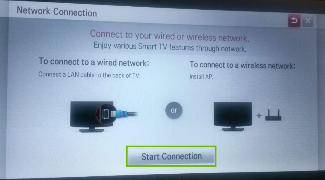 Network connection dialog with Start Connection highlighted.