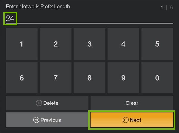 Network Prefix Length entry with 24 entered and Next highlighted.