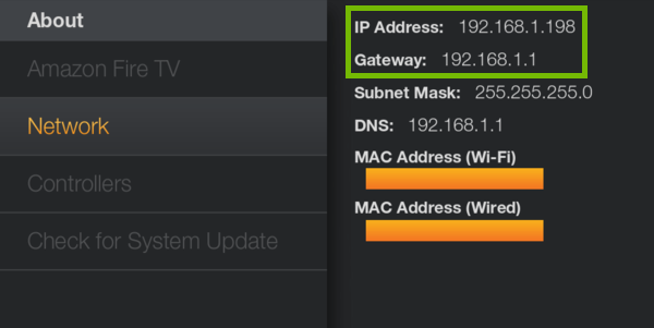 About Network with IP Address and Gateway highlighted.