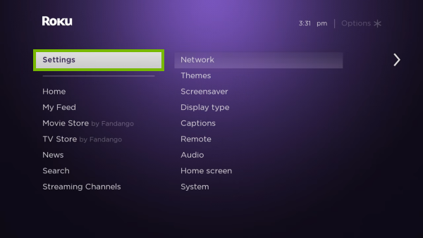 Settings option highlighted in Roku menu.