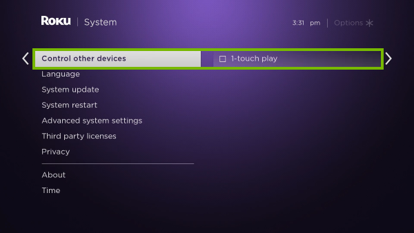 Control other devices and 1-touch play options highlighted in Roku settings.