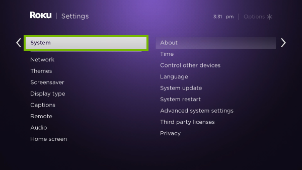 System option highlighted in Roku settings.