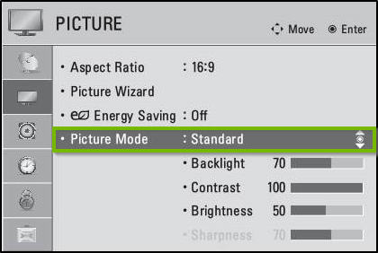 LG Netcast picture menu with standard picture mode highlighted.