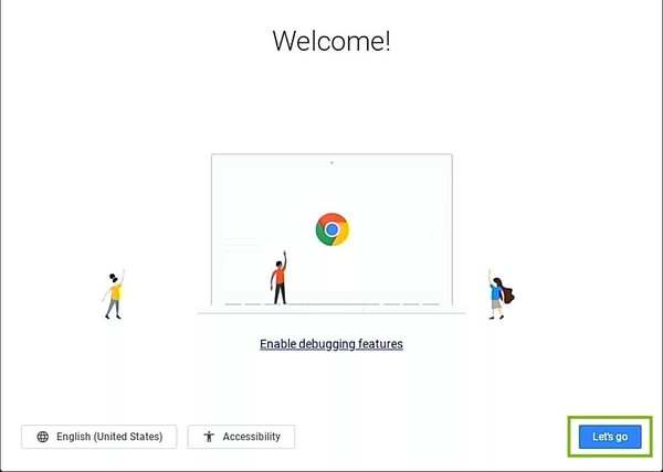 Chromebook Setup welcome screen with Let's Go button highlighted.
