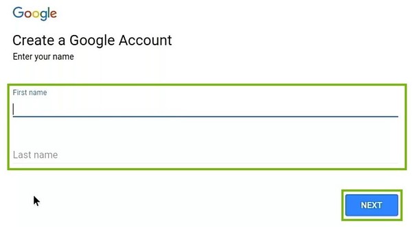 Create account with First and Last name, Next button highlighted.