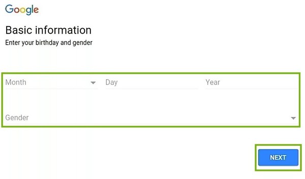 Basic information with fill-in fields and Next button highlighted.