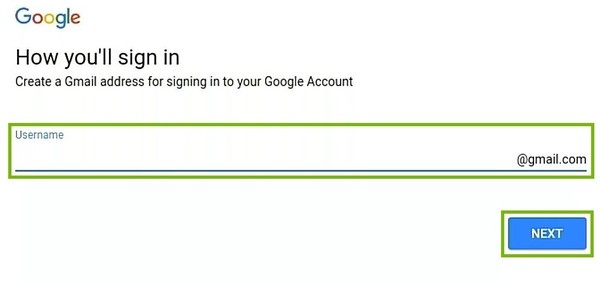 Sign-in username choice with entry field and Next button highlighted.