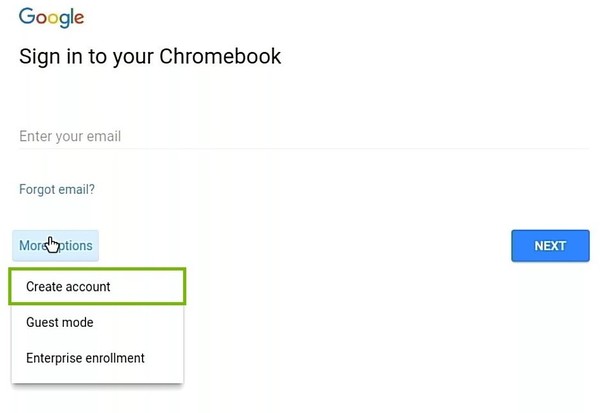 Sign in dialog with More options menu open and Create account highlighted.