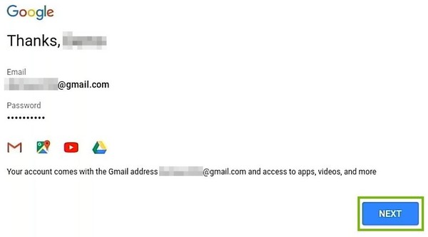 Account setup with Next button highlighted.