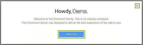 Tour screen with Take a tour and close buttons highlighted.