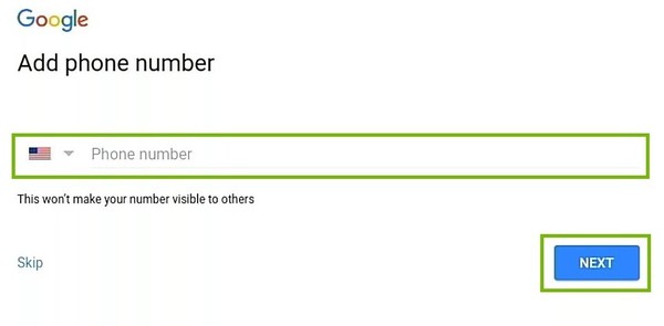 Phone number entry with Next button highlighted.