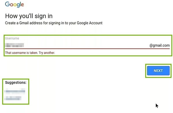 Username taken with entry field, suggestions, and Next button highlighted.