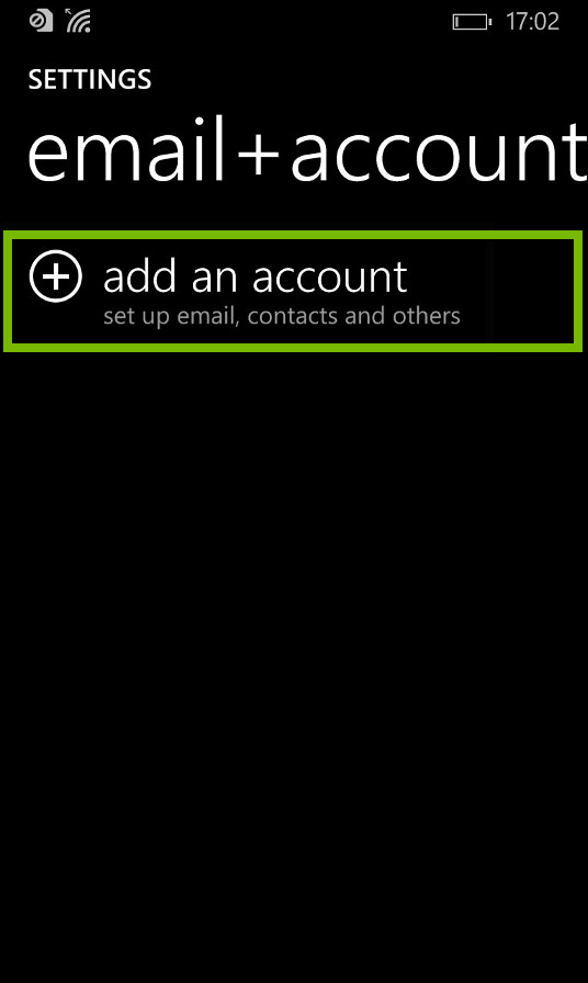 Email and Account settings with add an account selected. Screenshot.