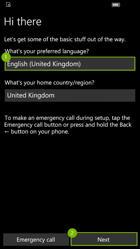 Language selection screen with English selected and Next button highlighted. Screenshot.