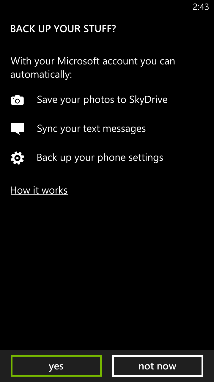 OneDrive backup options: Save your photos to SkyDrive, Sync your text messages, Back up your phone settings. Screenshot.