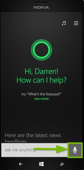 Cortana voice input screen with microphone highlighted. Screenshot.