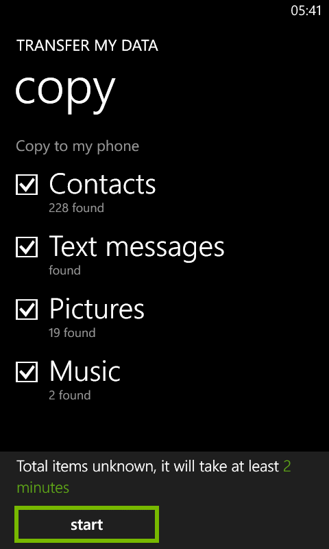 Checkboxes next to various types of data to transfer. Options: Contacts, Text messages, Pictures, Music. Screenshot.