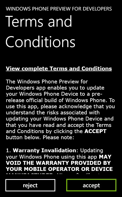 Terms and conditions with accept selected. Screenshot.