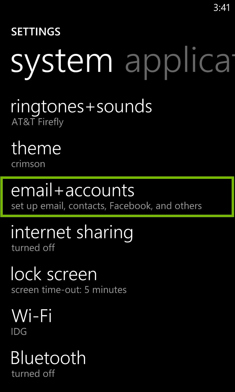 Settings menu with email and accounts selected. Screenshot.