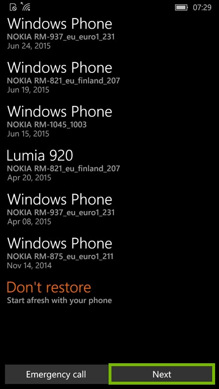 Restore selection screen with list of devices to restore from. Screenshot.