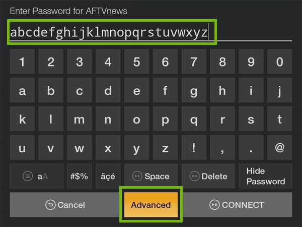 Network password entry with password and Advanced highlighted.