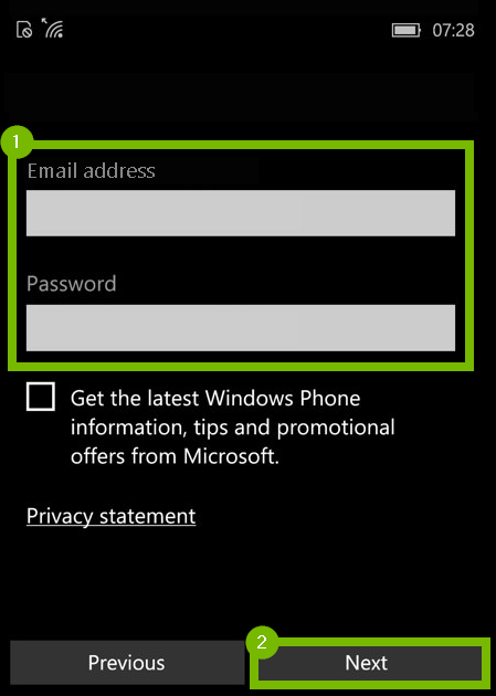 Filling in email and password before hitting Next. Screenshot.