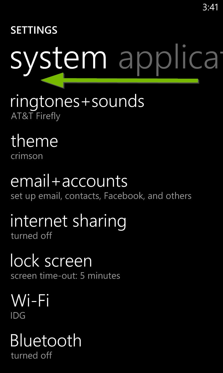 Swiping left within the settings menu. Screenshot.